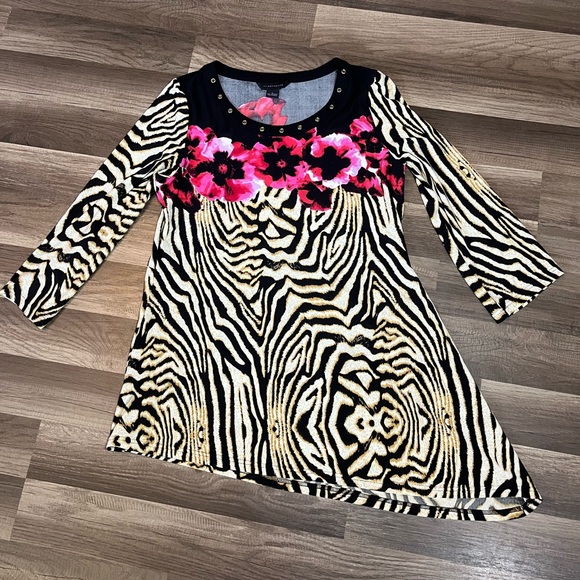 INVESTMENTS WOMEN'S FLORAL/ANIMAL PRINT ASYMMETRICAL TUNIC SIZE L - Picture 4 of 9